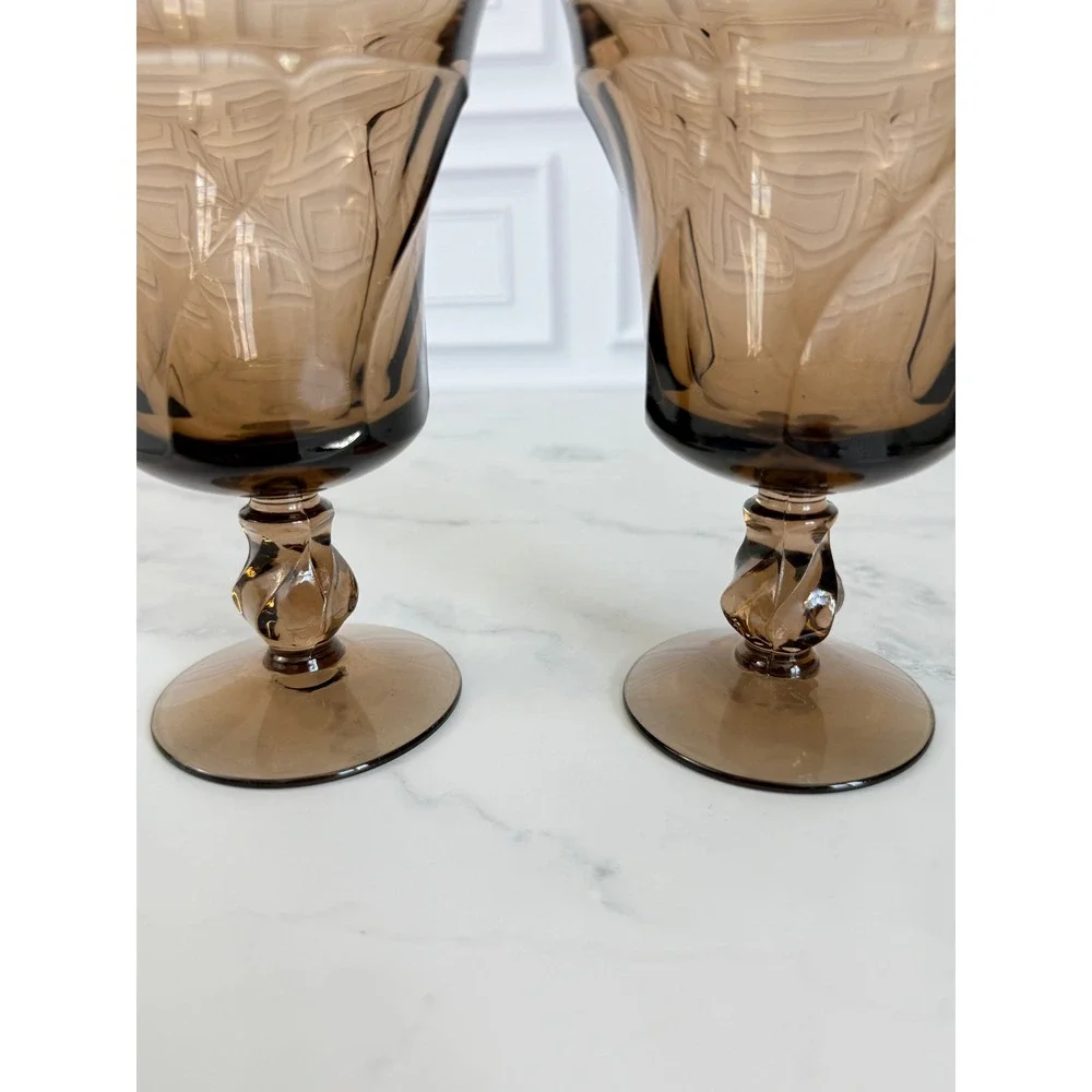 VTG Pair (2) Fostoria Jamestown Brown Swirl Water Goblets 5 7/8